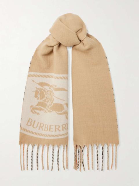 Burberry Fringed checked jacquard-knit cashmere scarf Sand
