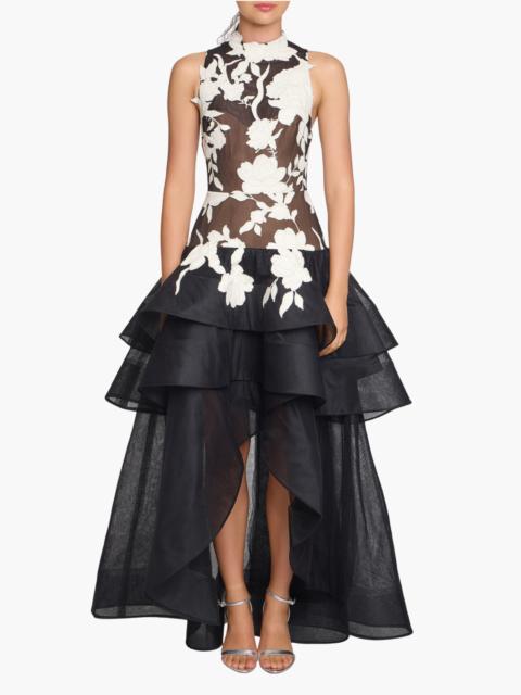 Marchesa LEATHER GUIPURE HIGH NECK SLEEVELESS TIERED GOWN