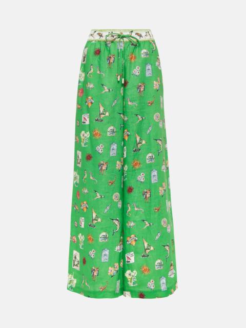 Printed linen wide-leg pants