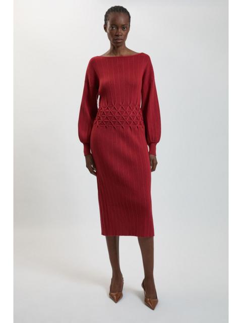 KAREN MILLEN Ribbed Knit Power Shoulder Dress With Manipulated Stitch Detail
