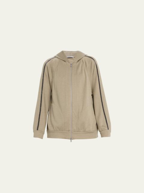 Zip-Front Hoodie with Monili-Trim Sleeves