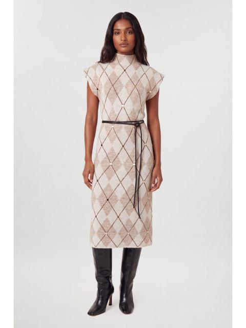 KAREN MILLEN Studded Argyle Wool Blend Cosy Knit Belted Midi Dress