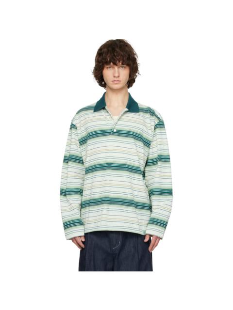 SOLID HOMME Green Striped Drawstring Collar Neck Long Sleeve Polo