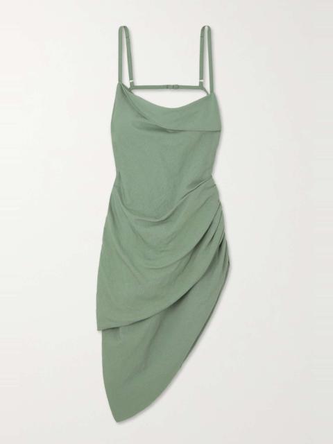 Saudade asymmetric draped woven mini dress