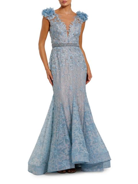MAC DUGGAL Women's Beaded Lace Gown - Powder Blue