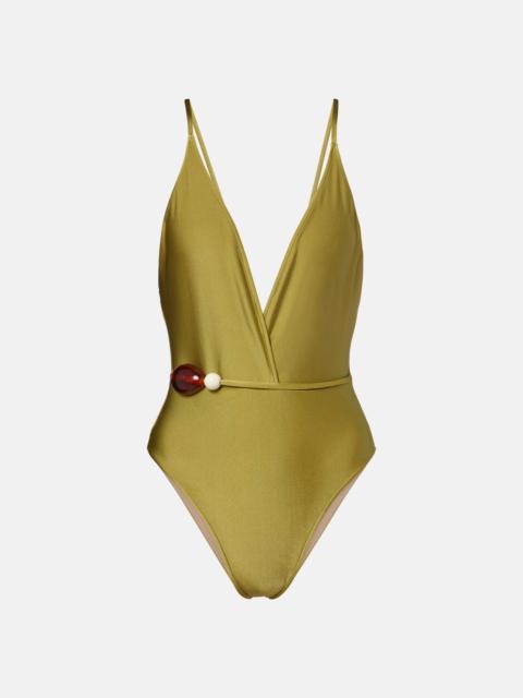 ADRIANA DEGREAS Belted embellished swimsuit