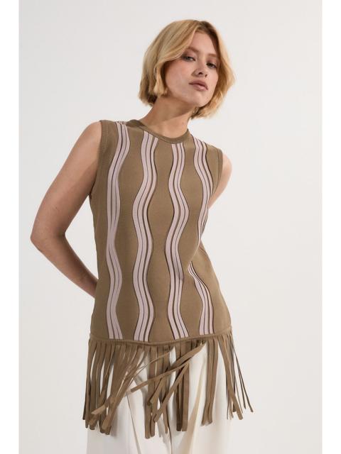 KAREN MILLEN Contrast Wave Knit Top With Fringing