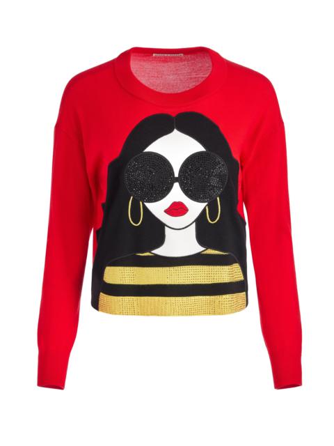 Alice + Olivia GLEESON APPLIQUE STACEFACE BOXY LONG SLEEVE PULLOVER