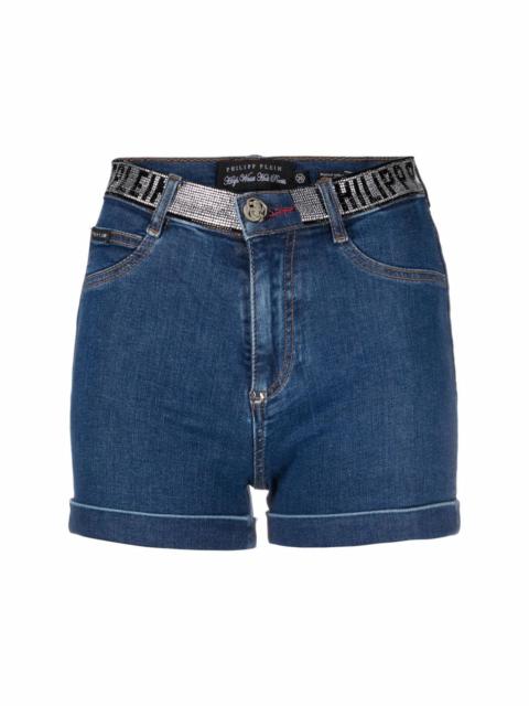 PHILIPP PLEIN rhinestone logo waistband denim shorts