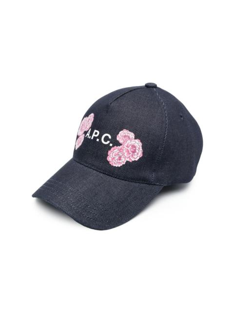 flower-print denim cap