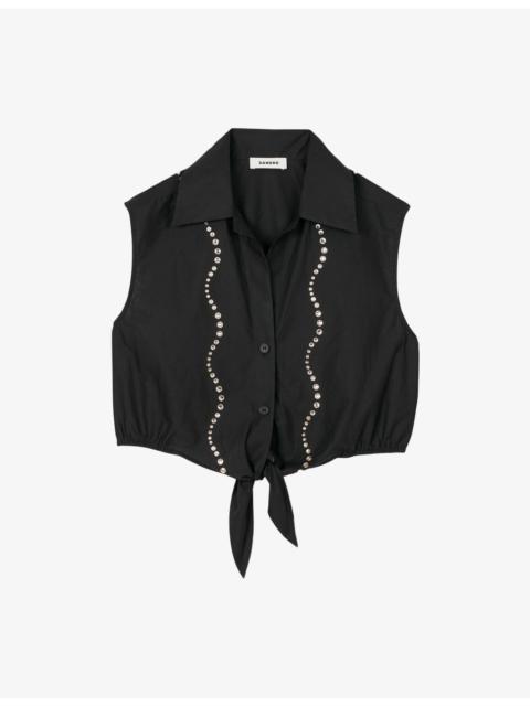 Sandro Rhinestone-Embellished Tie-Waist Cotton Shirt