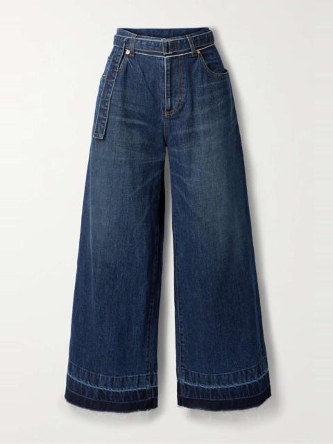 Belted frayed wide-leg jeans