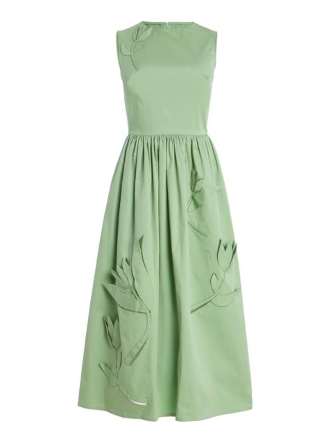 Oscar de la Renta Exclusive Riviera Floral-Appliquéd Cotton Midi Dress green