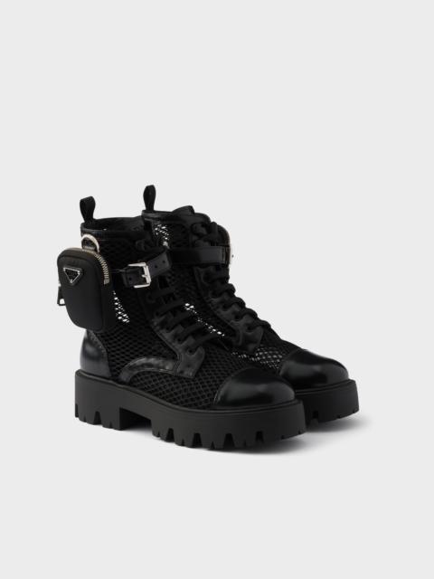 Prada Mesh fabric and brushed leather booties with pouch