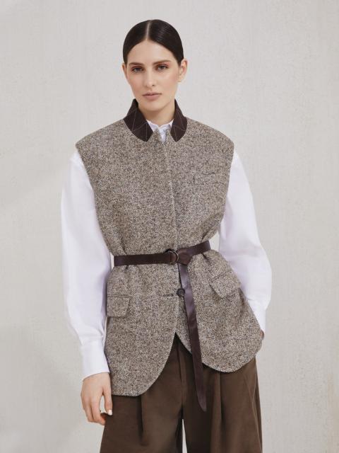 Brunello Cucinelli Flecked virgin wool and silk chevron vest with leather belt and monili