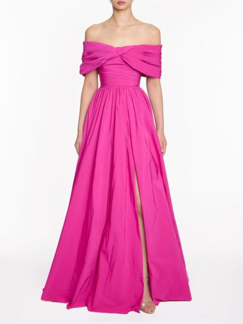 Marchesa OFF SHOULDER DRAPED SLEEVE BALL GOWN WITH SLIT