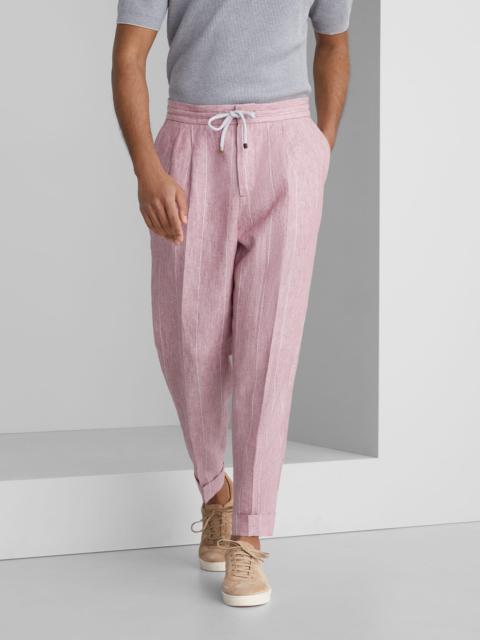 Brunello Cucinelli Linen wide chalk stripe leisure fit trousers with drawstring and double pleats