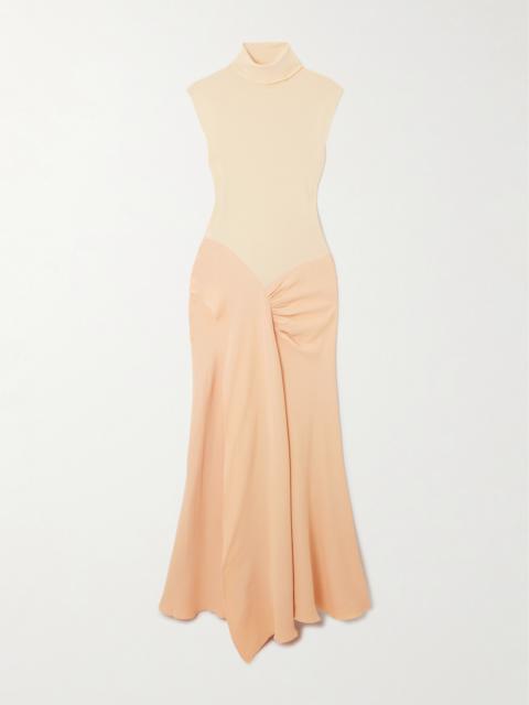 Victoria Beckham Asymmetric Draped Gathered Ribbed-knit And Crepe Midi Dress