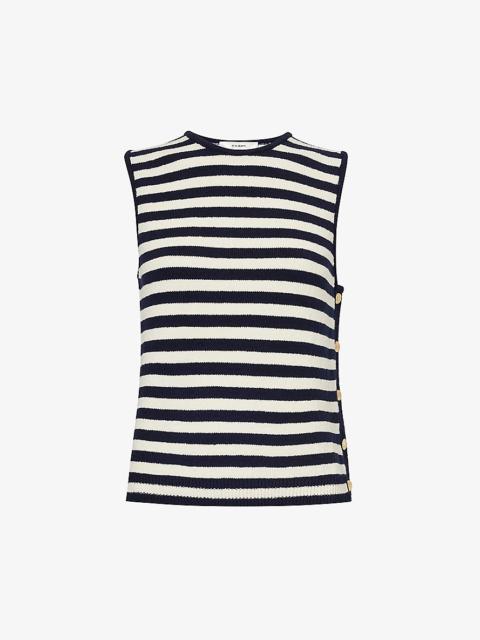 Button-embellished striped cotton-blend top