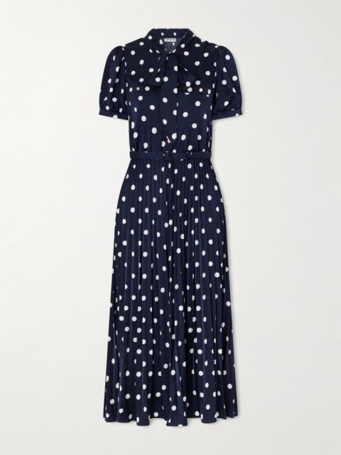 self-portrait Pussy-bow Belted Pleated Polka-dot Satin Midi Dress