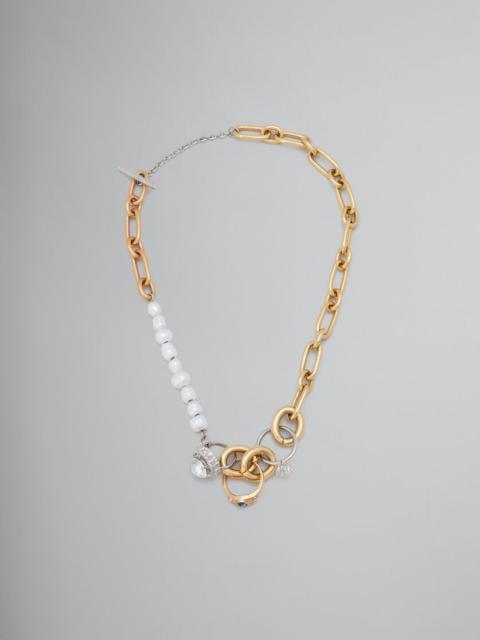MIXED LINK CHAIN NECKLACE WITH PEARLS AND RINGS