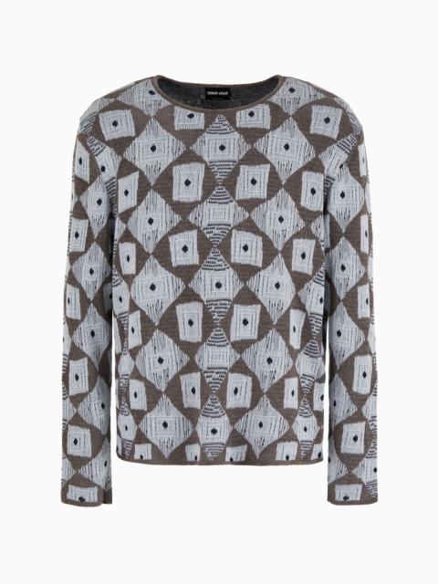 Crew-neck jumper in a wool, cotton and viscose jacquard