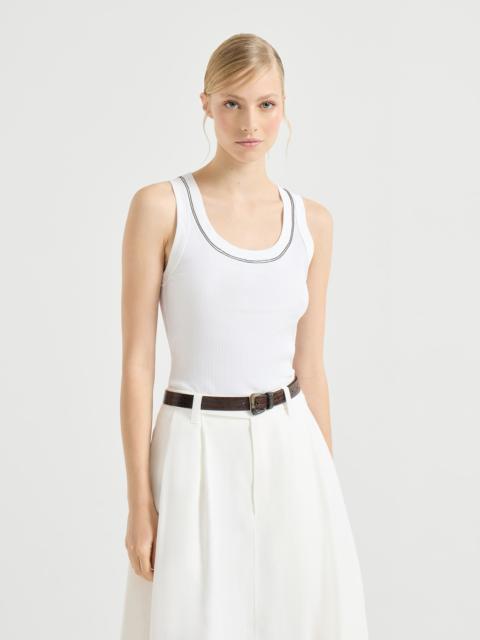 Brunello Cucinelli Stretch cotton ribbed jersey top with shiny trim