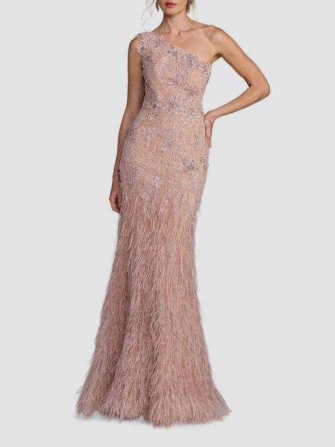 MAC DUGGAL Women's Embellished Lace One-Shoulder Feather Gown - Vintage Lilac