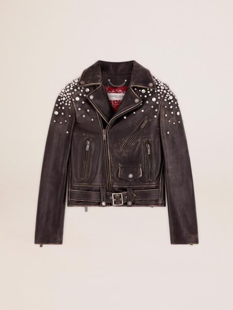 Golden Goose Women's biker jacket in distressed leather with cabochon crystals