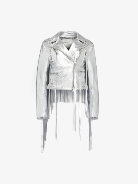 Alexander McQueen Women's Fringed Biker Jacket in Silver