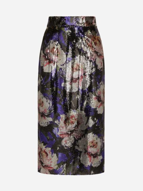 Sequined midi skirt with peony print