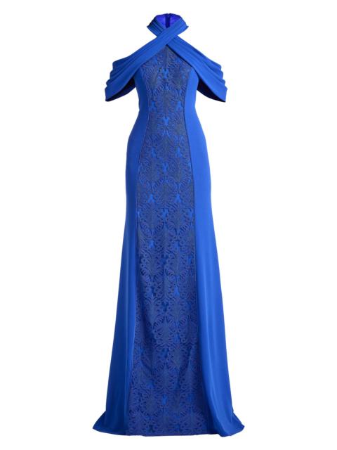 TADASHI SHOJI Women's Cold-Shoulder Corded Lace Gown - Mystic Blue