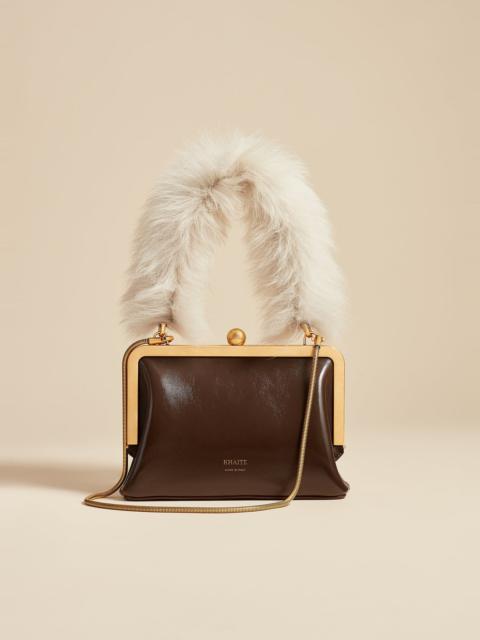 KHAITE The Small Lilith Evening Bag in Chestnut Crackle Patent Leather with Shearling