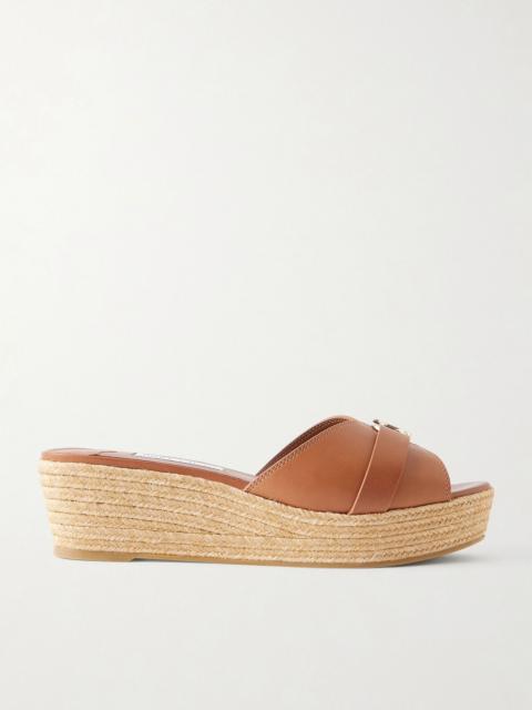 JIMMY CHOO Leda logo-embellished leather platform espadrilles Tan