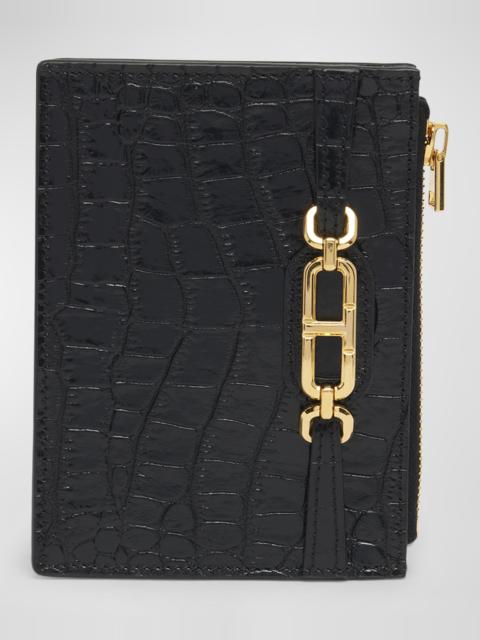 TOM FORD Whitney Zip Card Holder in Shiny Croc-Embossed Leather