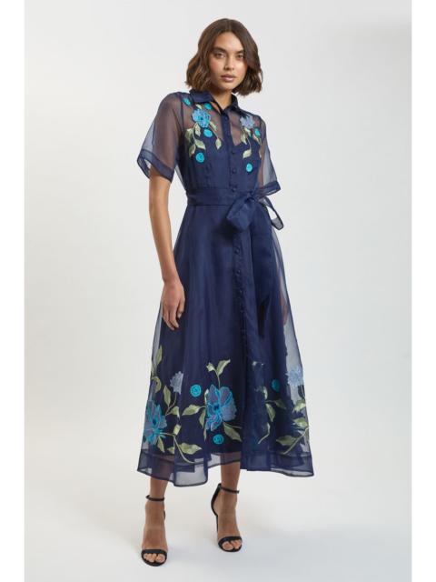 KAREN MILLEN Embroidered Detail Organdie Belted Shirt Dress