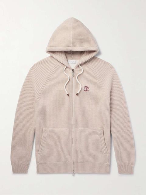 Logo-Embroidered Ribbed Cashmere Zip-Up Hoodie