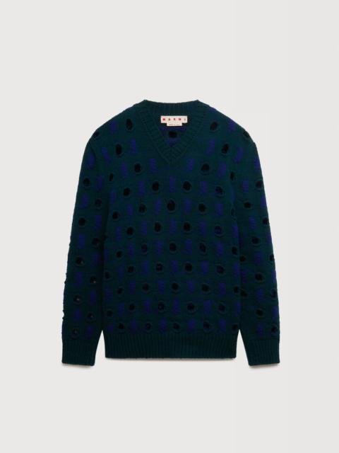 Marni BLUE WOOL-CASHMERE SWEATER WITH CUT-OUT POLKA DOTS
