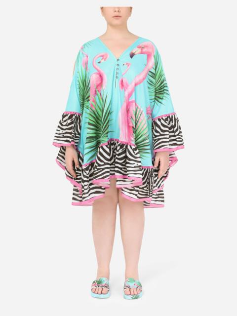 Flamingo-print poplin caftan