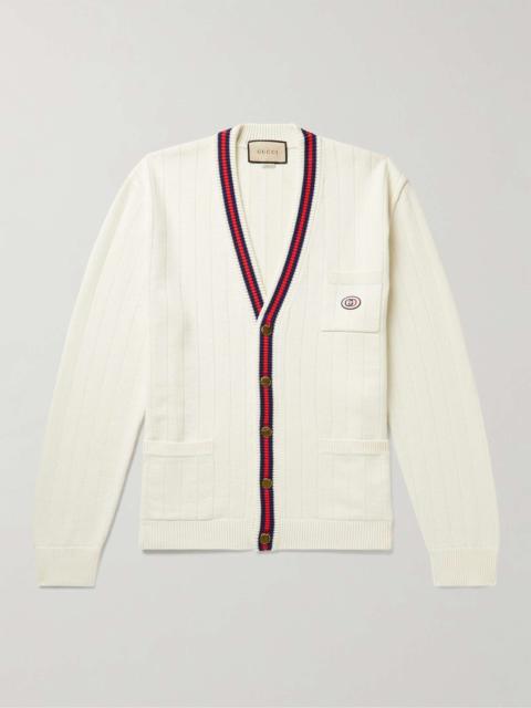 GUCCI Logo-Appliquéd Striped Ribbed Cotton Cardigan