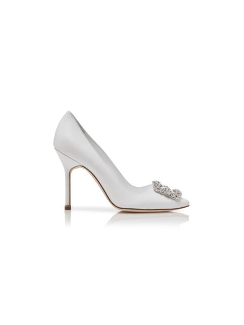 White Calf Leather Jewel Buckle Pumps