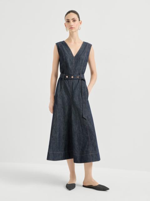 Brunello Cucinelli Cotton denim-effect twill flared dress with belt and monili