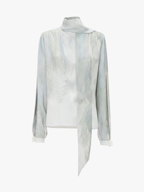 Scarf Neck Blouse In White Digital Feather Print