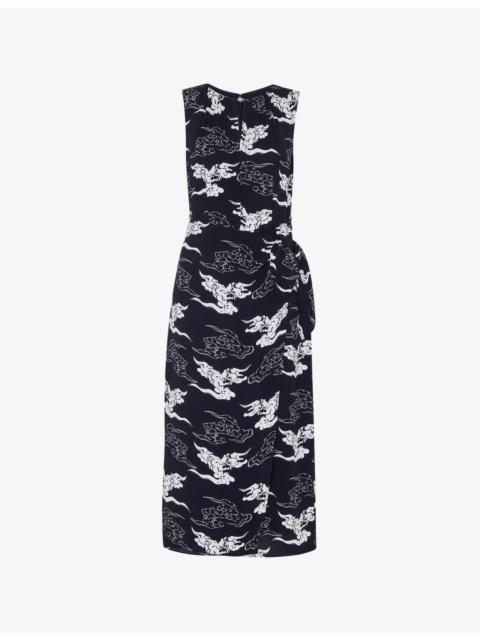 WHISTLES Cloud-Print Tie-Waist Woven Midi Dress