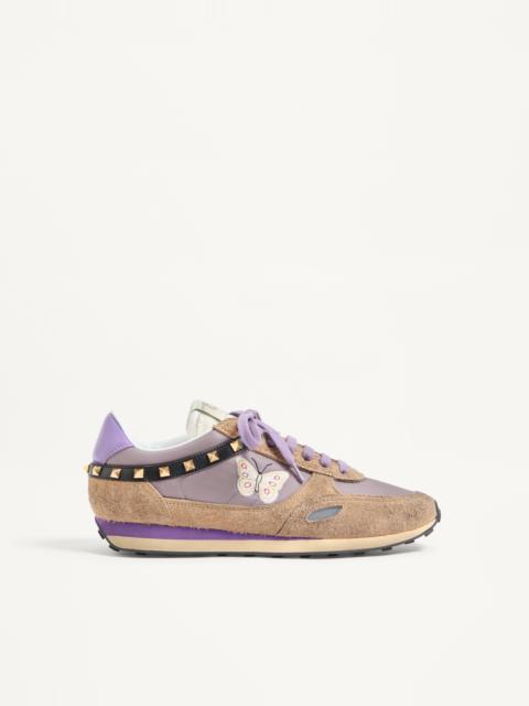 Valentino STUD UP SNEAKER IN SPLIT LEATHER AND NYLON WITH BUTTERFLY EMBROIDERY