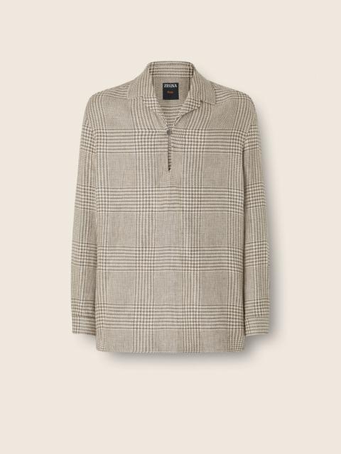 ZEGNA OLIVE GREEN AND WHITE PRINCE OF WALES CROSSOVER LINEN WOOL AND SILK SHIRT