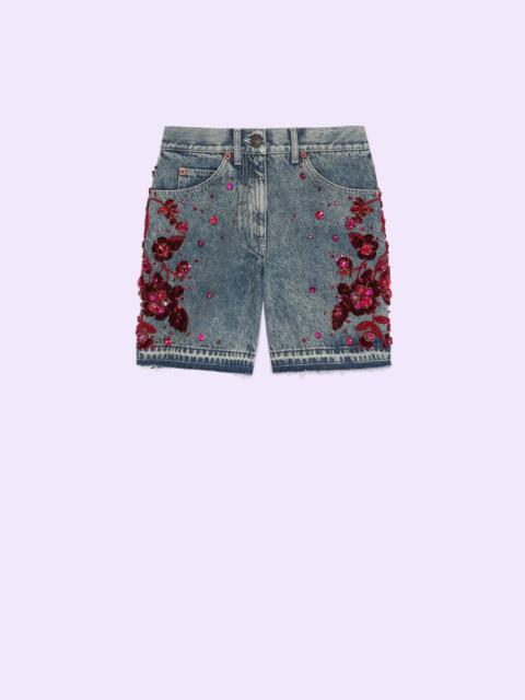 GUCCI Denim shorts with floral embroidery