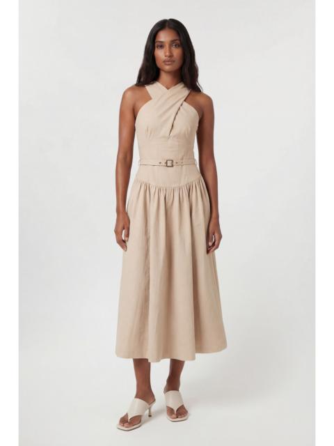 KAREN MILLEN Premium Tailored Linen Halter Neck Belted Full Midi Dress