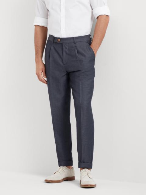 Wool and linen denim-effect twill leisure fit trousers with pleat