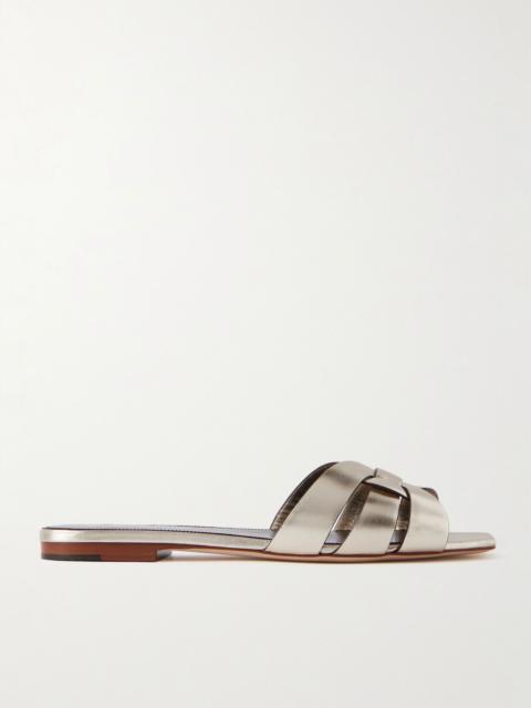SAINT LAURENT Tribute woven metallic leather slides Platinum